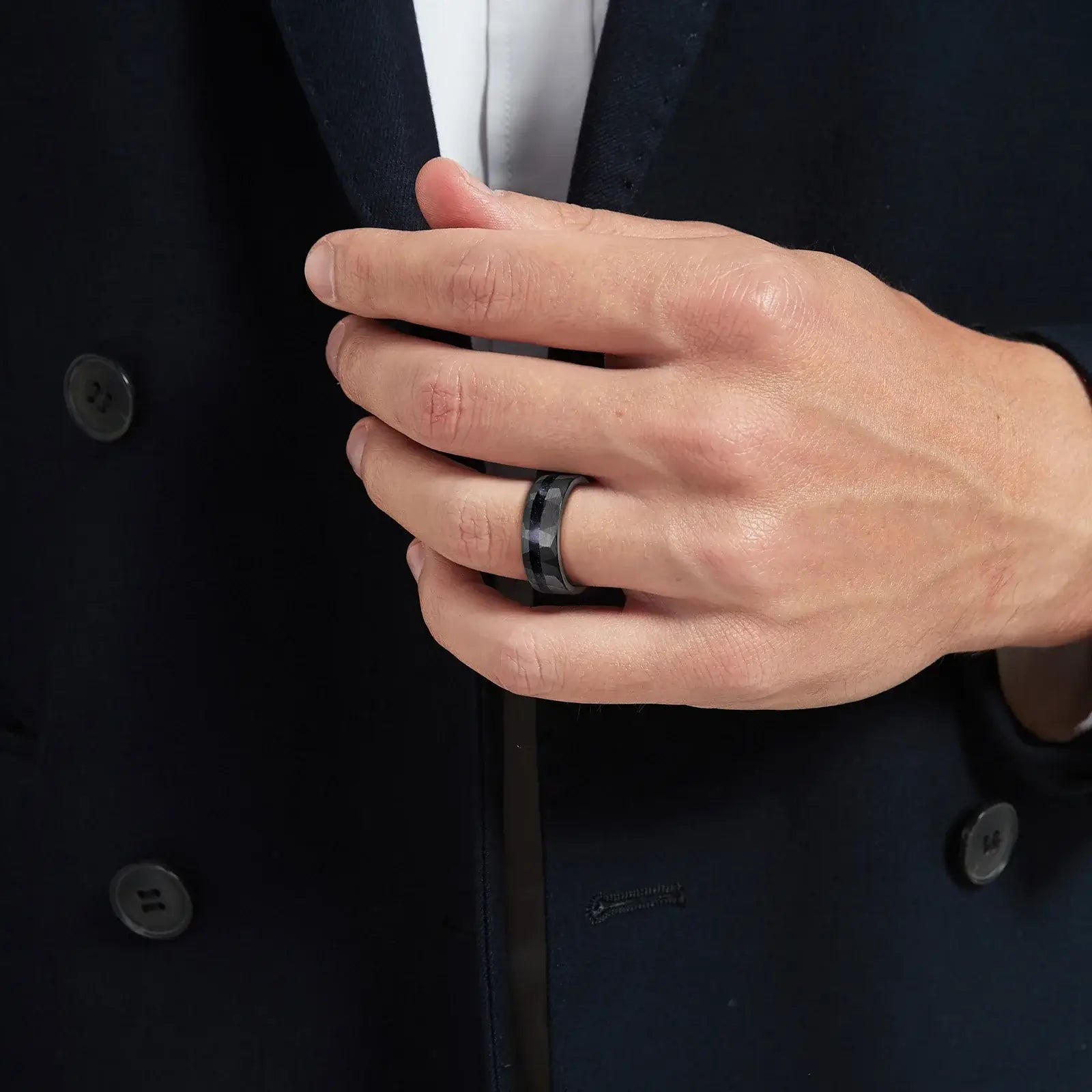 8mm Black Tungsten Ring – Hammered Blue Sandstone Inlay with Comfort Fit (Men’s) - Promise Rings