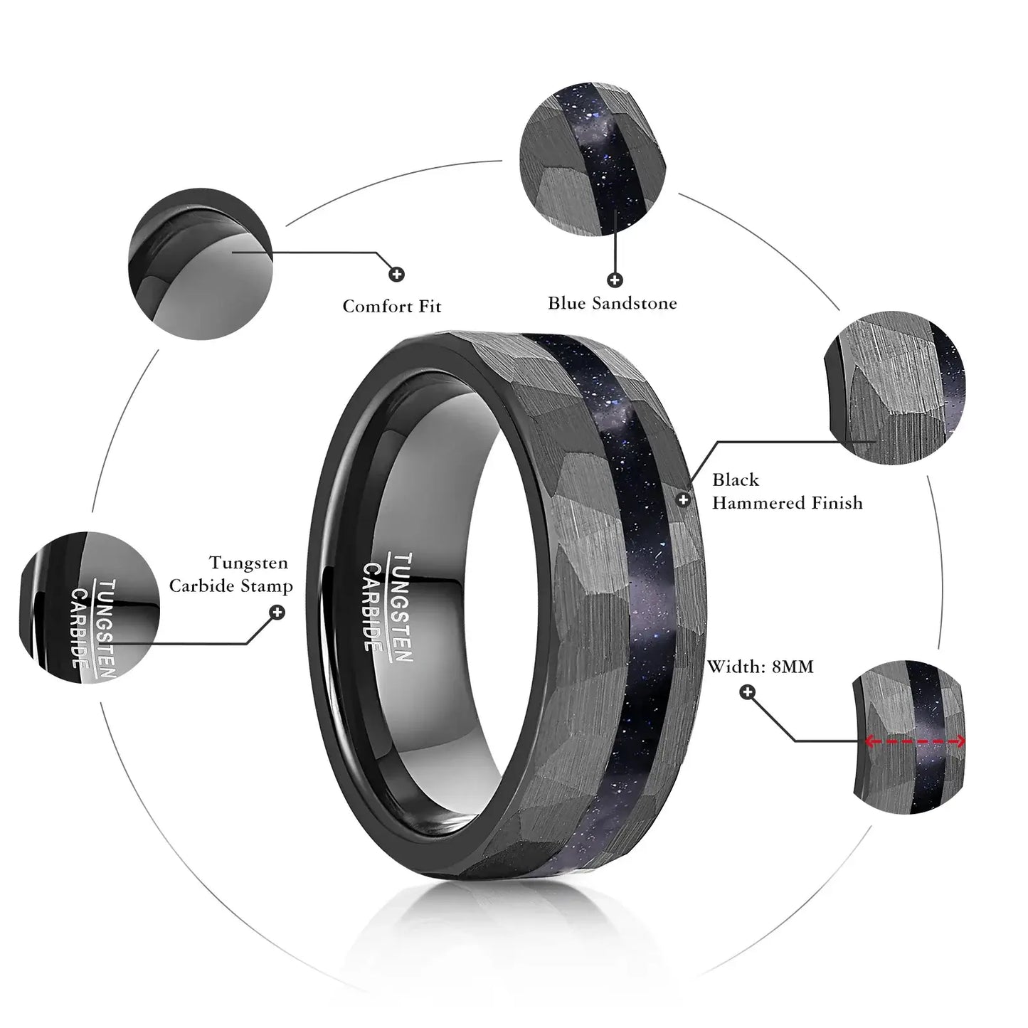 8mm Black Tungsten Ring – Hammered Blue Sandstone Inlay with Comfort Fit (Men’s) - Promise Rings