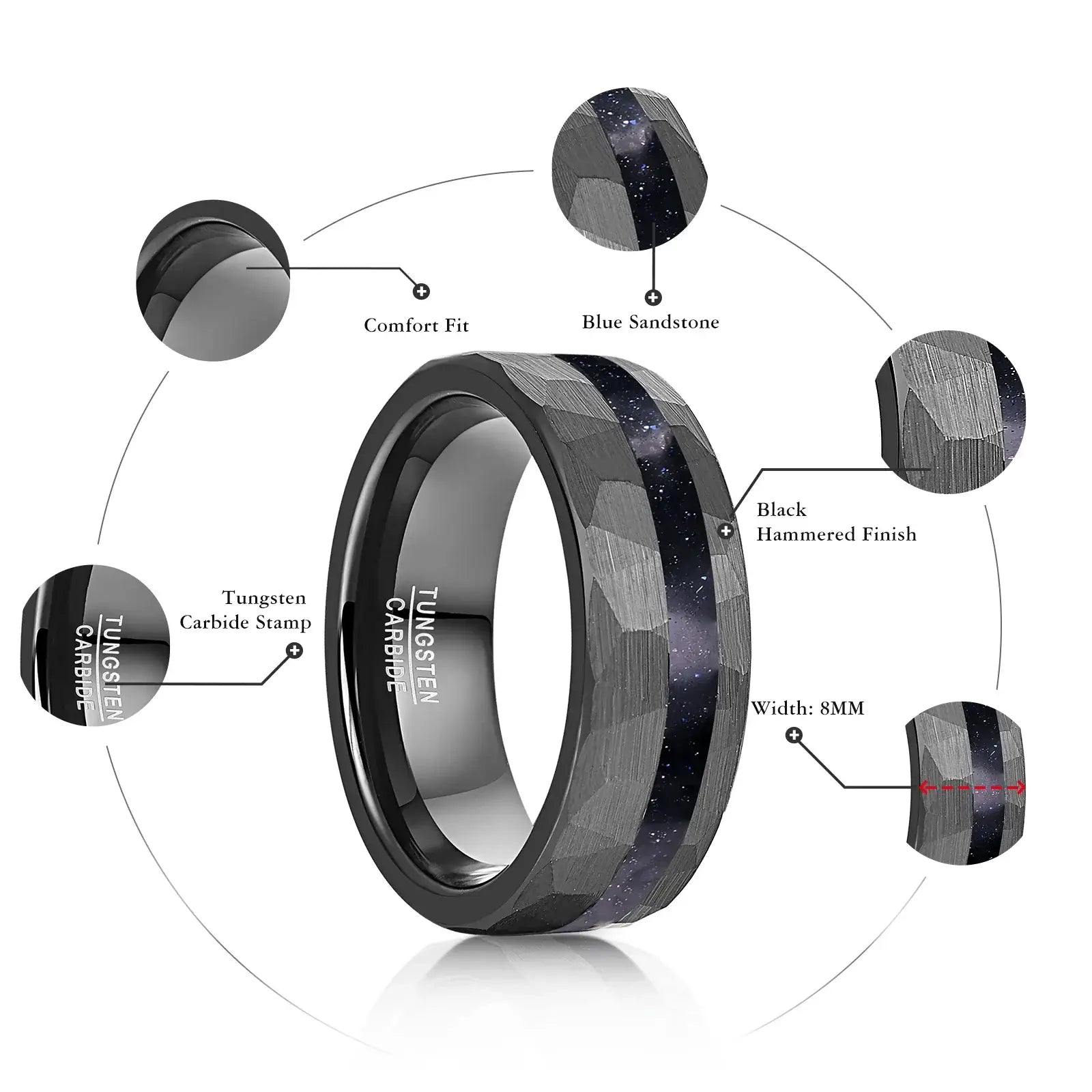 8mm Black Tungsten Ring – Hammered Blue Sandstone Inlay with Comfort Fit (Men’s) - Promise Rings