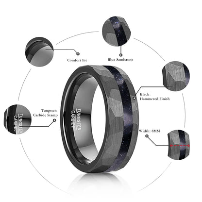 8mm Black Tungsten Ring – Hammered Blue Sandstone Inlay with Comfort Fit (Men’s) - Promise Rings