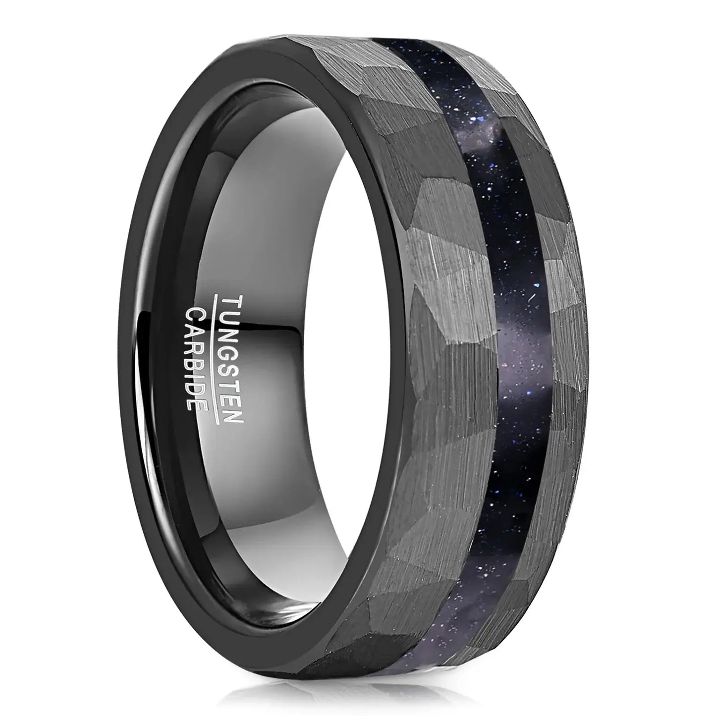 8mm Black Tungsten Ring – Hammered Blue Sandstone Inlay with Comfort Fit (Men’s) - Promise Rings