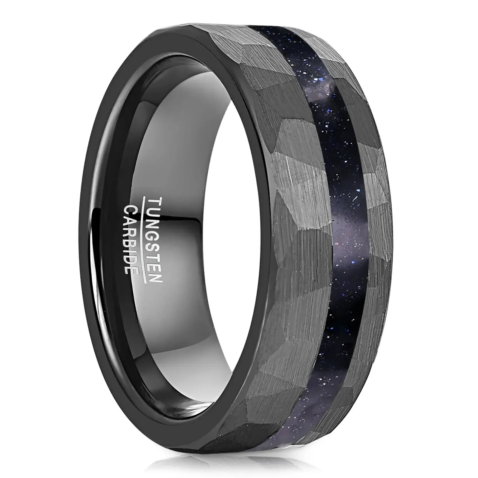 8mm Black Tungsten Ring – Hammered Blue Sandstone Inlay with Comfort Fit (Men’s) - Promise Rings