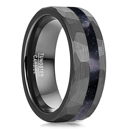 8mm Black Tungsten Ring – Hammered Blue Sandstone Inlay with Comfort Fit (Men’s) - Promise Rings