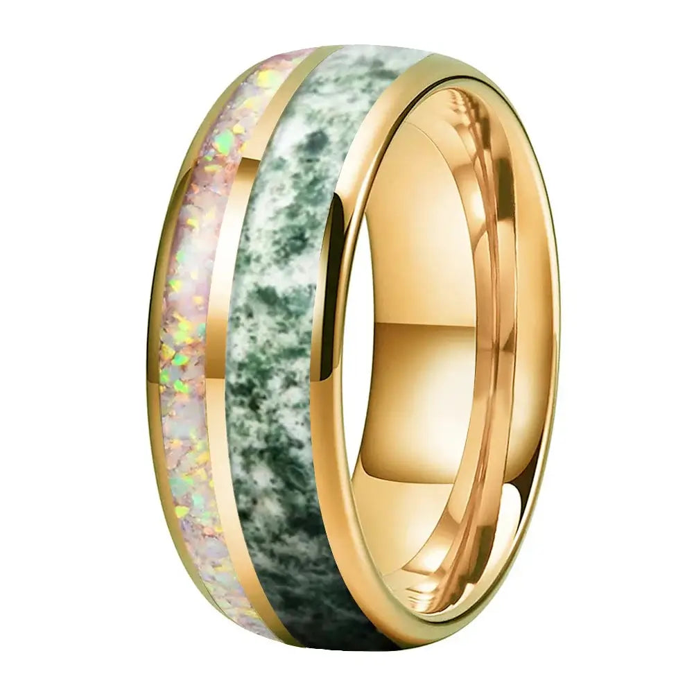 8mm Tungsten Gold Ring – Moss Agate & White Opal Inlay (Unisex) - Promise Rings