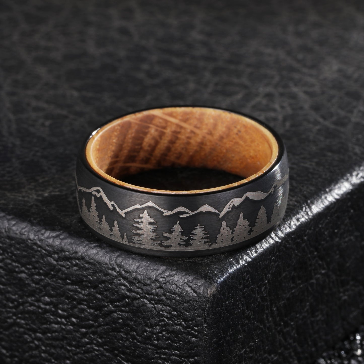 8mm Black Tungsten Forest Ring – Whiskey Barrel Wood & Mountain Design (Men’s) - Promise Rings