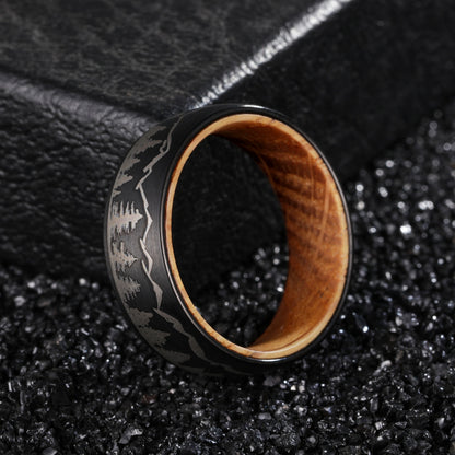 8mm Black Tungsten Forest Ring – Whiskey Barrel Wood & Mountain Design (Men’s) - Promise Rings