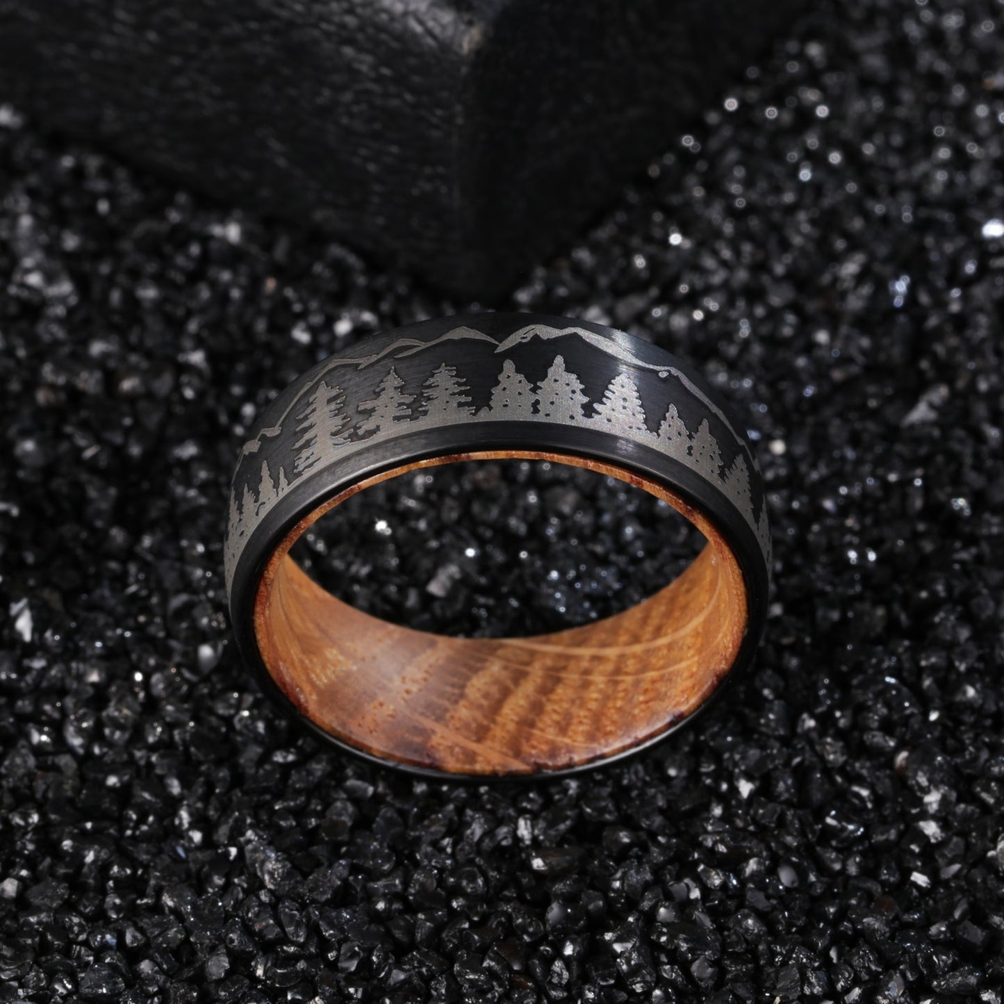 8mm Black Tungsten Forest Ring – Whiskey Barrel Wood & Mountain Design (Men’s) - Promise Rings