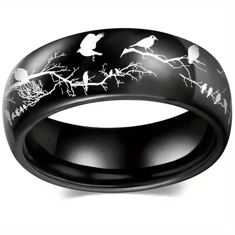 8mm Birds & Branches Stainless Steel Ring – Nature Patterned Engraving (Unisex) - Promise Rings