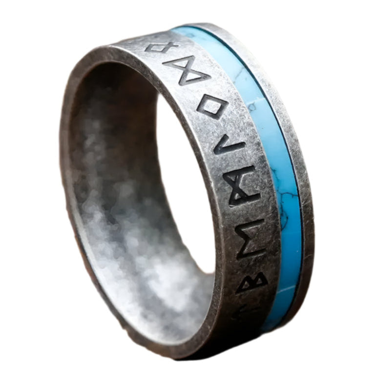 Blue Rune Ring 8mm Stainless Steel Viking Rune Ring – Norse Amulet Design (Men’s)