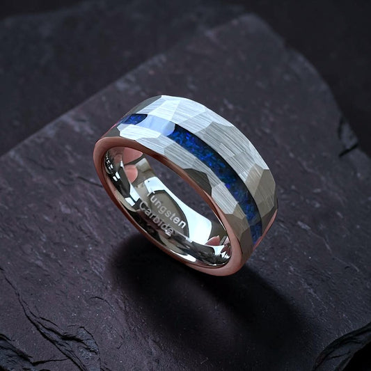 8mm Tungsten Inlay Ring – Hammered Silver with Offset Crushed Blue Opal (Men’s)