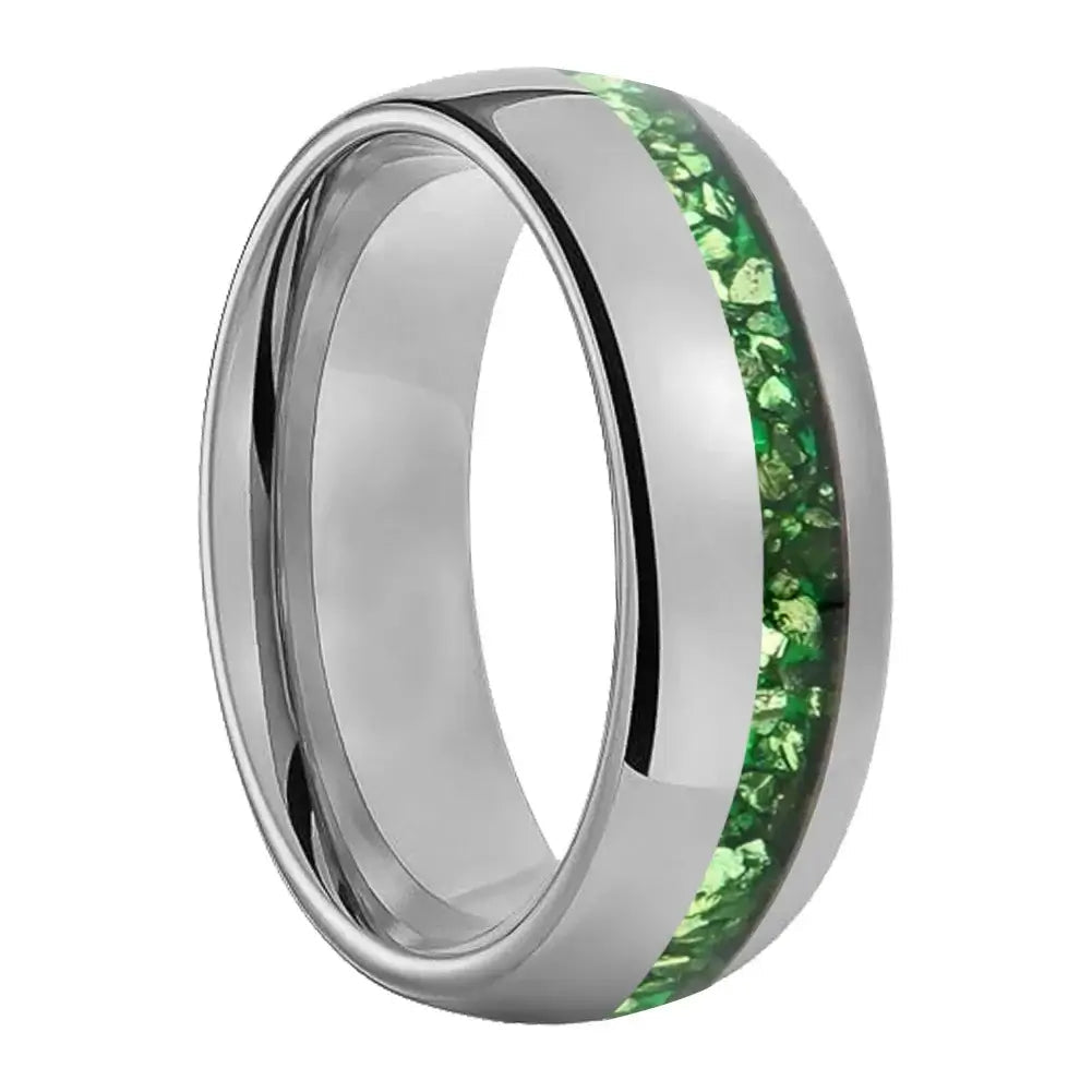 8mm Tungsten Silver Offset Dome Ring – Green Crystal Stone Inlay (Men’s) - Promise Rings