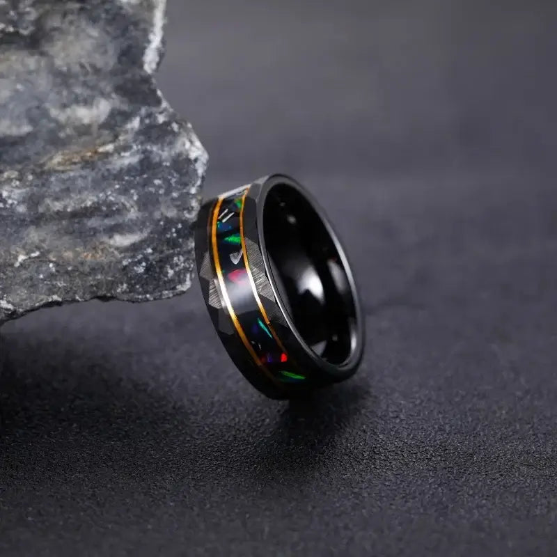 Men's & Women's Slanted Edge Ring - Stainless Steel With Silver/Black Carbon Fiber Inlay