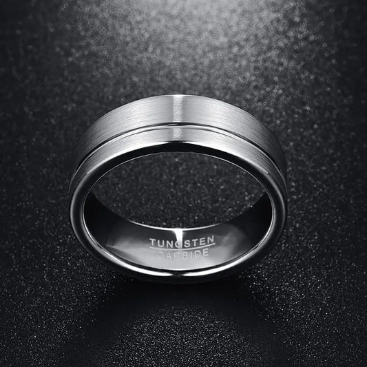 8mm Silver Tungsten Ring – Polished Groove and Brushed Finish (Men’s) - Promise Rings
