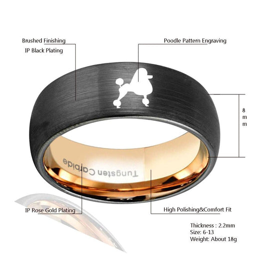 8mm Poodle Design Rose Gold & Black Men's Ring - Promise Rings