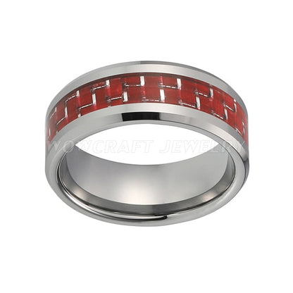 8mm Tungsten Inlay Ring – Red Carbon Fiber Grid Design (Men’s) - Promise Rings