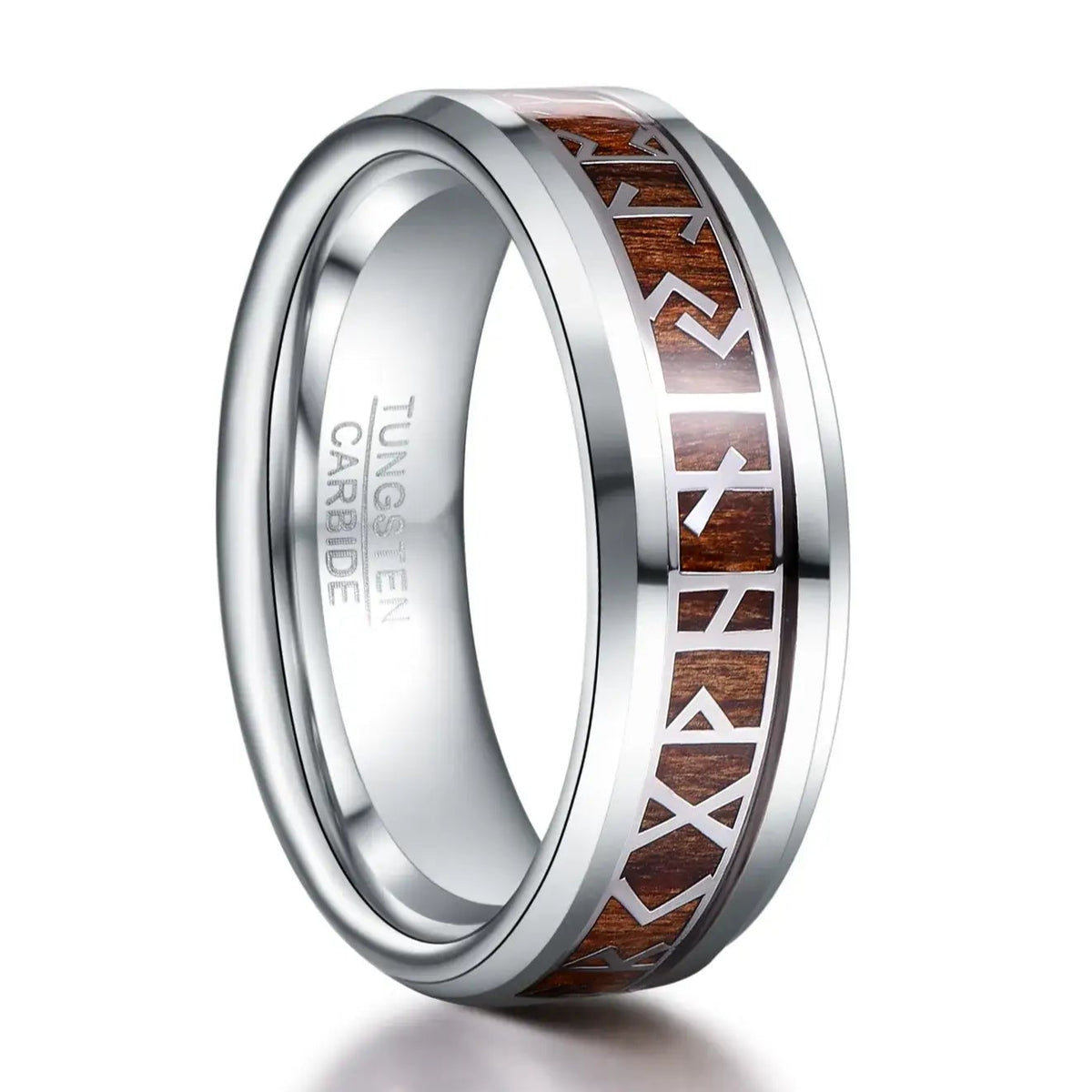 8mm Silver Tungsten Ring – Retro Viking Pattern Wood Inlay (Men