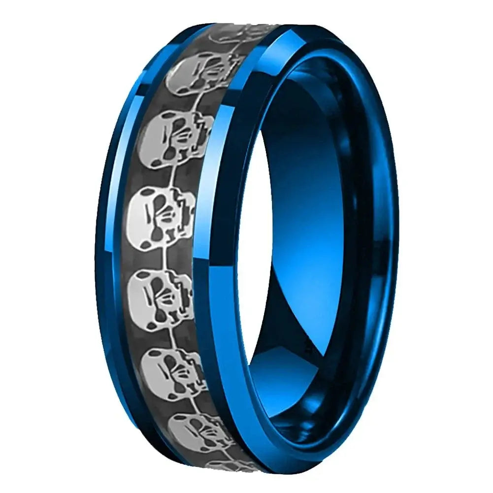 8mm Tungsten Retro Punk Skull Pattern Ring – Gothic Halloween Design (Men’s) - Promise Rings