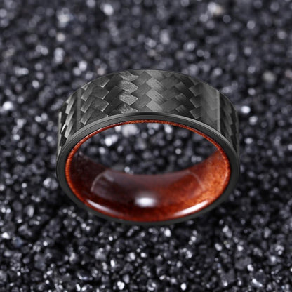 8mm Rosewood & Black Twill Carbon Fiber Ring – Modern Strength Meets Natural Elegance (Men’s) - Promise Rings