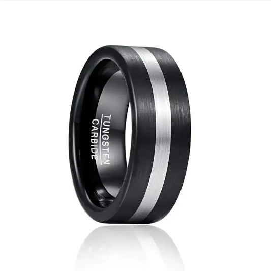 8mm Black Tungsten Ring – Brushed Silver Center Band Design (Men’s) - Promise Rings