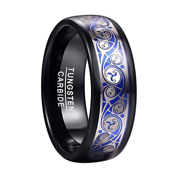8mm Triple Spiral Pattern Blue Black Tungsten Men's Ring - Promise Rings