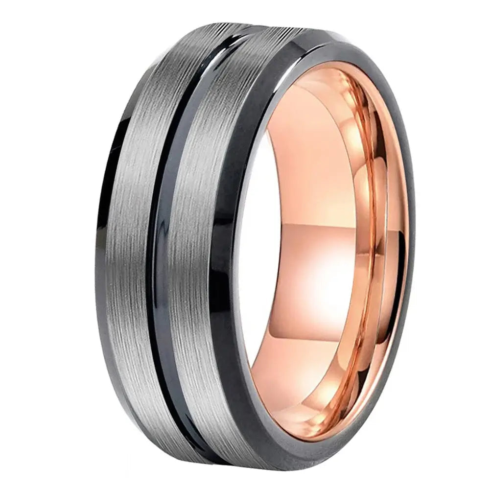 8mm Tungsten Two Tone Matte Finish Ring – Black & Silver or Rose Gold Contrast (Men’s) - Promise Rings