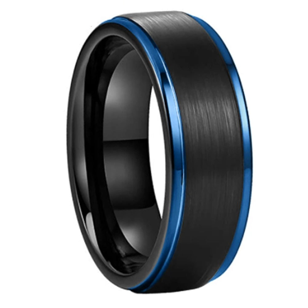 8mm Two Tone Silver & Blue Tungsten Men's Rings - Promise Rings