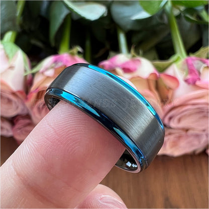 8mm Two Tone Silver & Blue Tungsten Men's Rings - Promise Rings