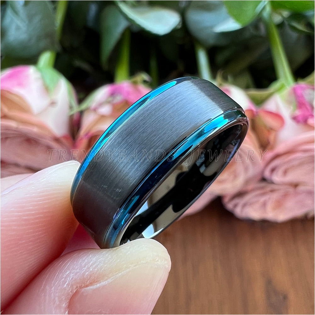 8mm Two Tone Silver & Blue Tungsten Men's Rings - Promise Rings