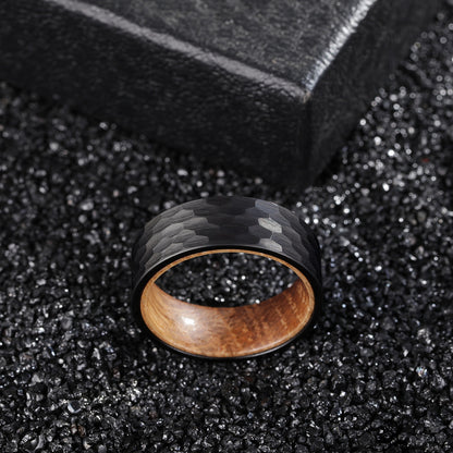 8mm Whiskey Barrel Wood & Hammered Black Tungsten Ring – Rugged Symbol of Strength (Men’s) - Promise Rings