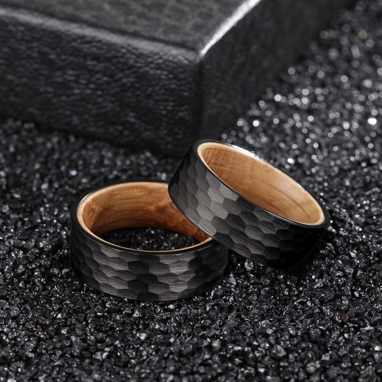 8mm Whiskey Barrel Wood & Hammered Black Tungsten Ring – Rugged Symbol of Strength (Men’s) - Promise Rings
