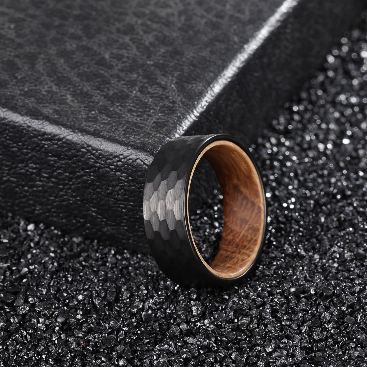 8mm Whiskey Barrel Wood & Hammered Black Tungsten Ring – Rugged Symbol of Strength (Men’s) - Promise Rings