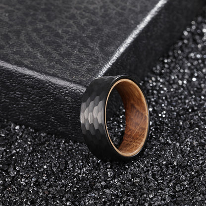 8mm Whiskey Barrel Wood & Hammered Black Tungsten Ring – Rugged Symbol of Strength (Men’s) - Promise Rings