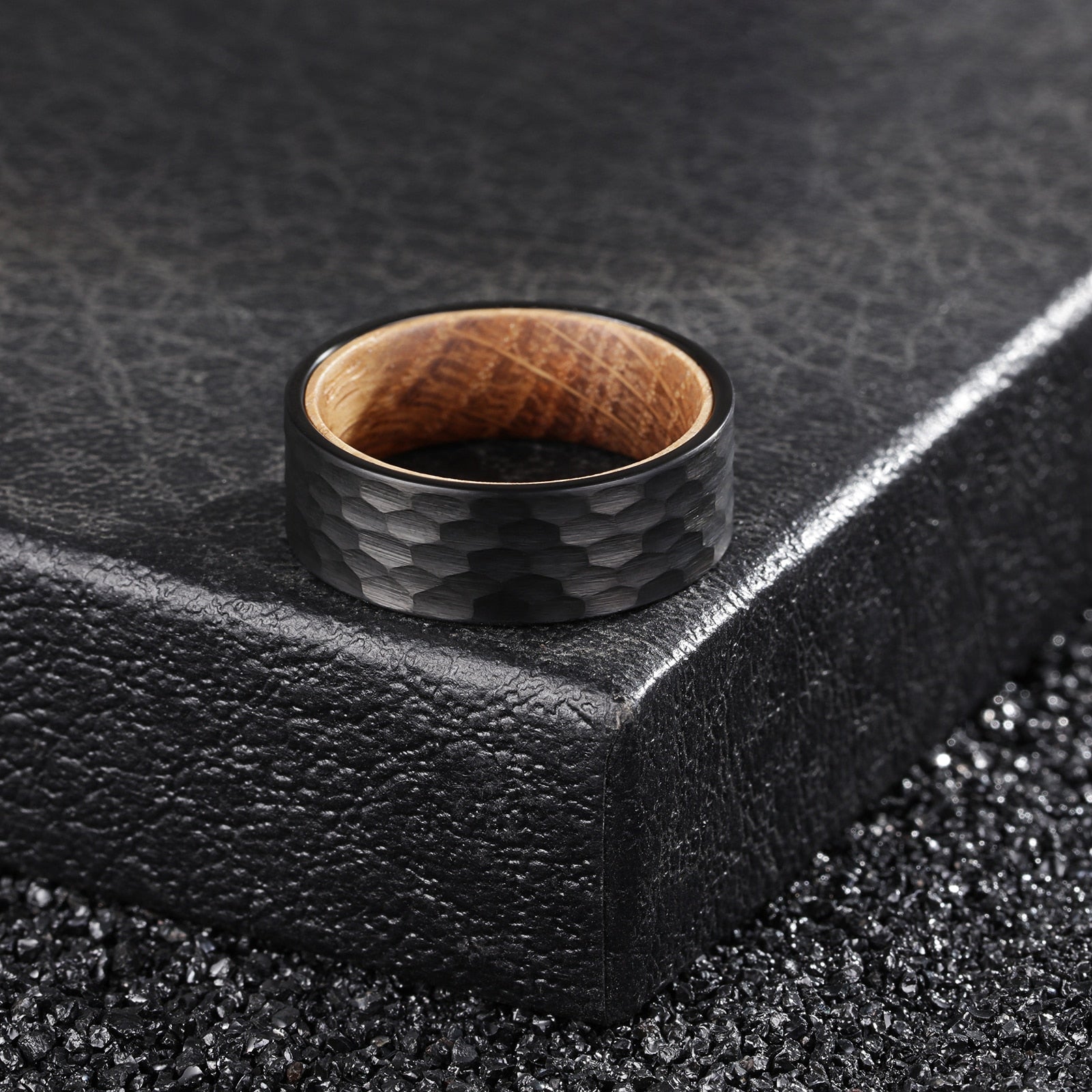 8mm Whiskey Barrel Wood & Hammered Black Tungsten Ring – Rugged Symbol of Strength (Men’s) - Promise Rings