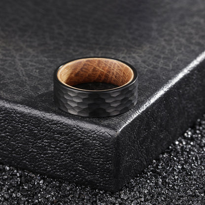 8mm Whiskey Barrel Wood & Hammered Black Tungsten Ring – Rugged Symbol of Strength (Men’s) - Promise Rings