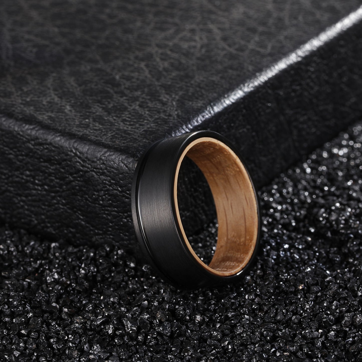 8mm Whiskey Barrel Wood & Black Tungsten Ring – Off-Centre Groove Symbolism (Men’s) - Promise Rings