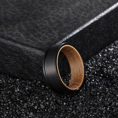 8mm Whiskey Barrel Wood & Black Tungsten Ring – Off-Centre Groove Symbolism (Men’s) - Promise Rings