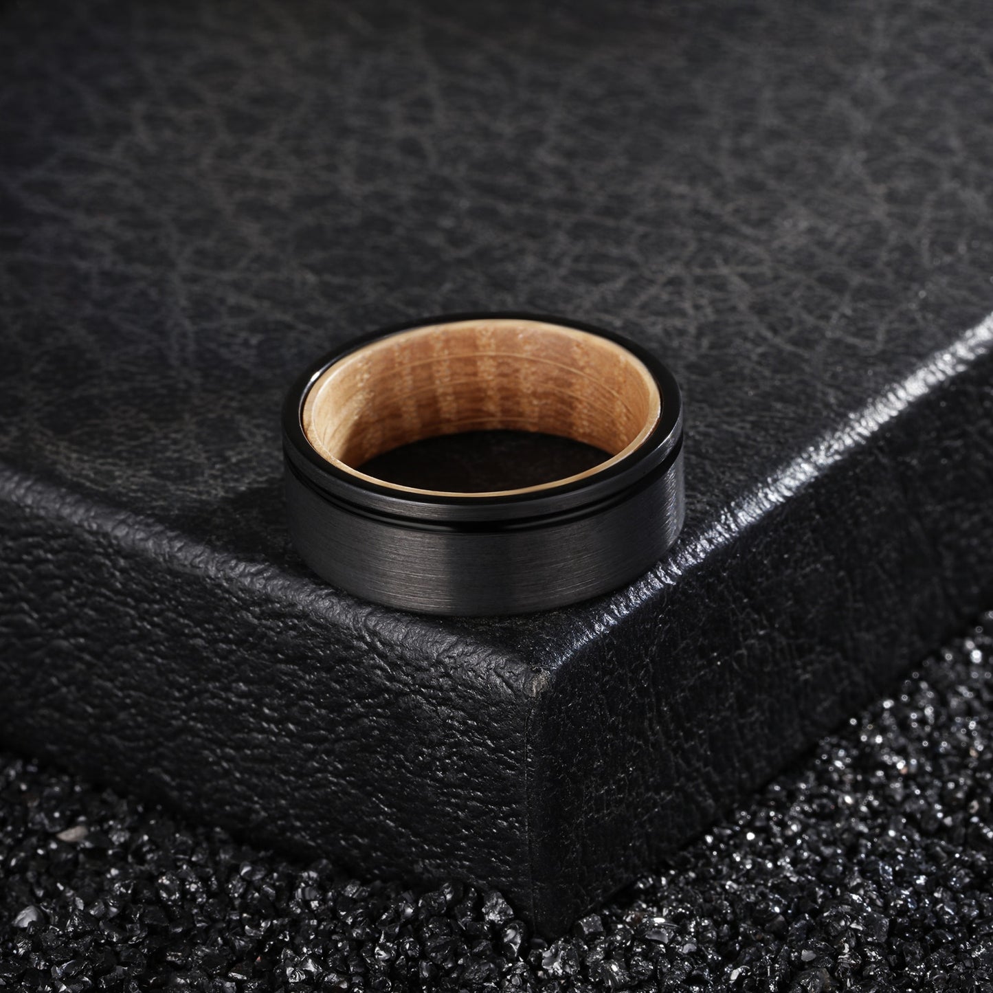 8mm Whiskey Barrel Wood & Black Tungsten Ring – Off-Centre Groove Symbolism (Men’s) - Promise Rings