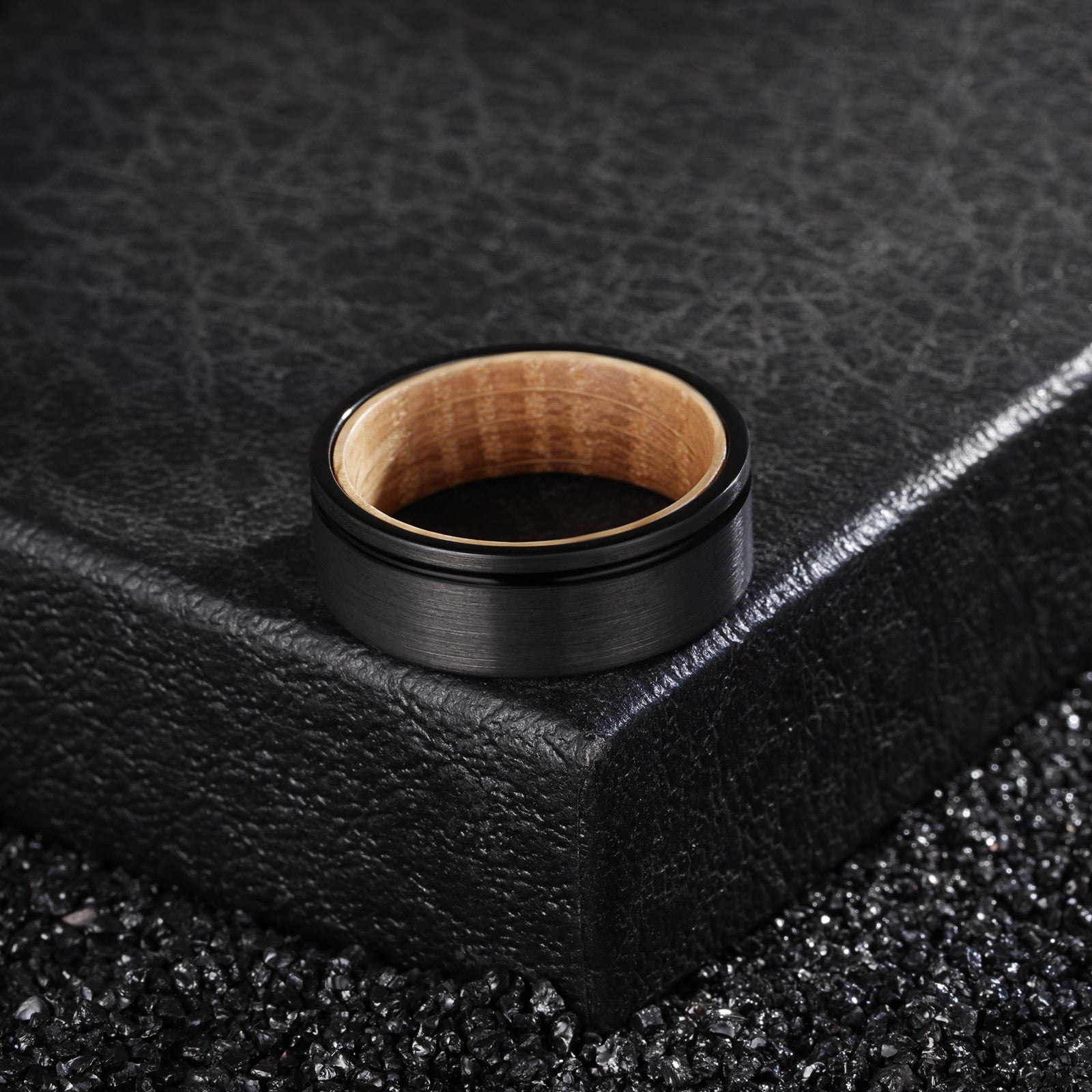 8mm Whiskey Barrel Wood & Black Tungsten Ring – Off-Centre Groove Symbolism (Men’s) - Promise Rings