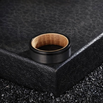 8mm Whiskey Barrel Wood & Black Tungsten Ring – Off-Centre Groove Symbolism (Men’s) - Promise Rings