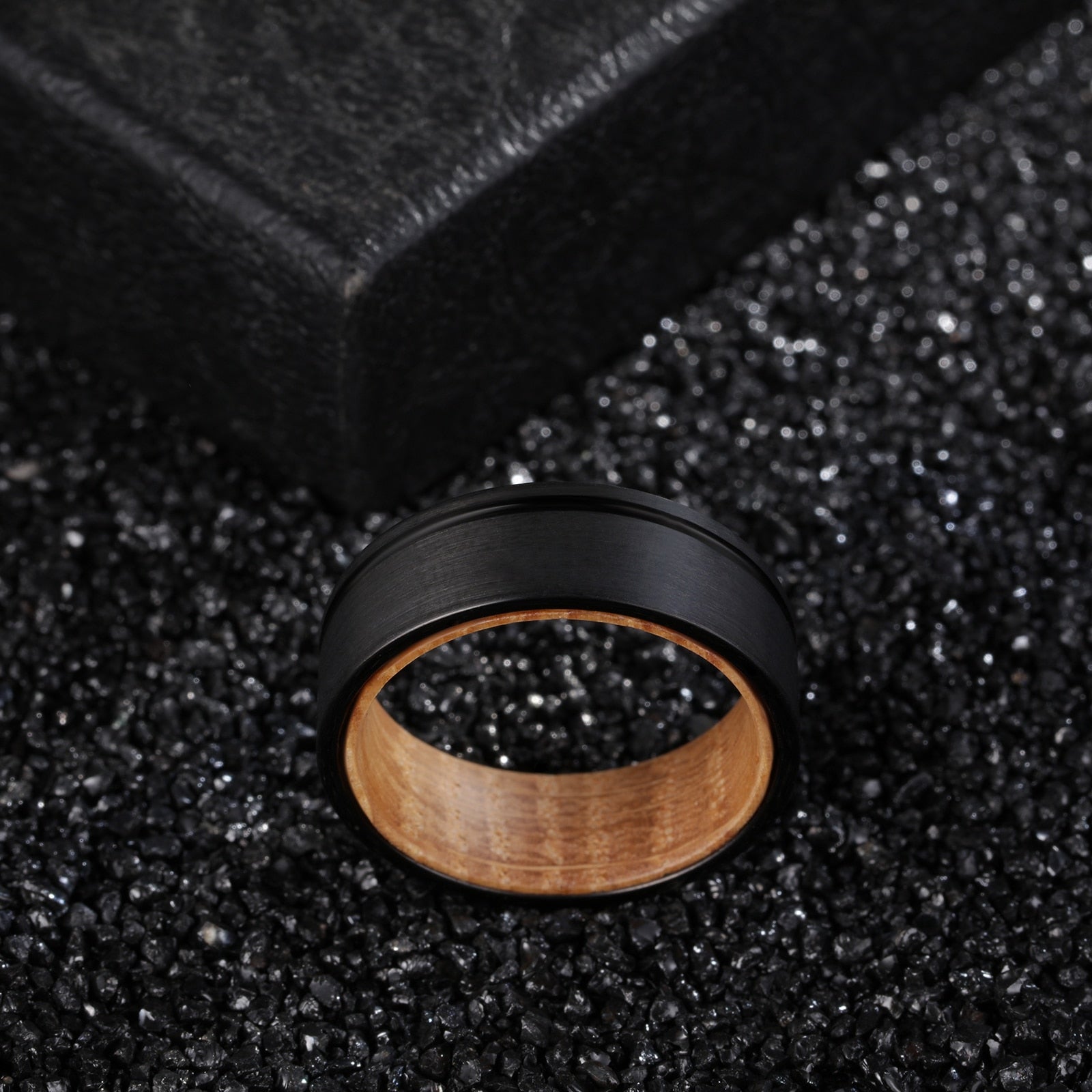 8mm Whiskey Barrel Wood & Black Tungsten Ring – Off-Centre Groove Symbolism (Men’s) - Promise Rings