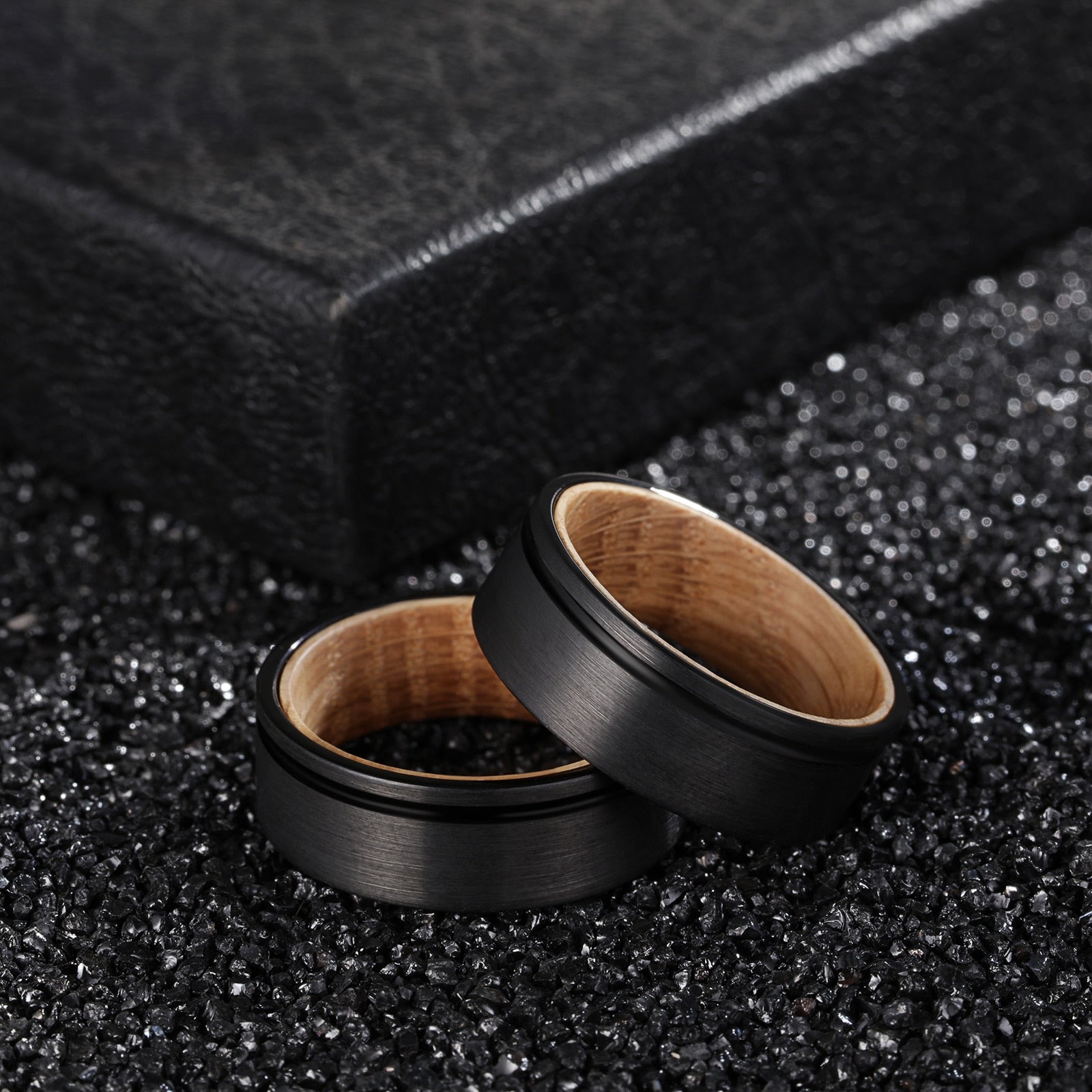 8mm Whiskey Barrel Wood & Black Tungsten Ring – Off-Centre Groove Symbolism (Men’s) - Promise Rings