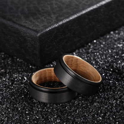 8mm Whiskey Barrel Wood & Black Tungsten Ring – Off-Centre Groove Symbolism (Men’s) - Promise Rings