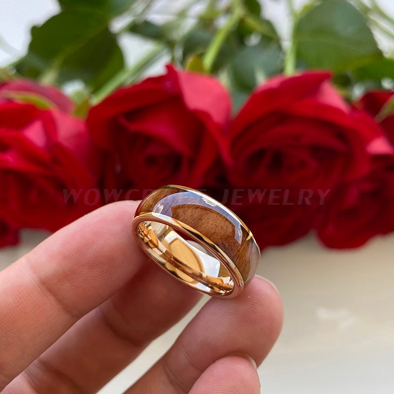 8mm Wood Inlay & Rose Gold Men's Ring - Promise Rings