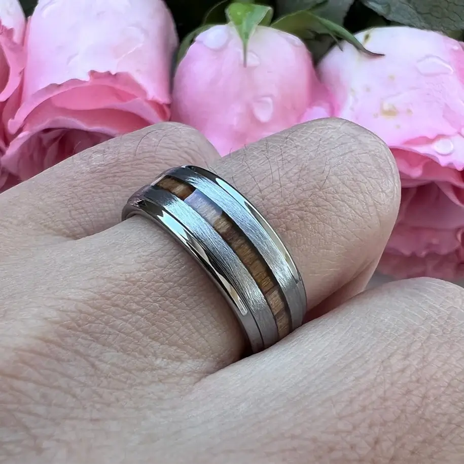 Men S Inlay Rings 8mm Tungsten Inlay Ring – Brushed Silver with Zebra Wood Center (Men’s)