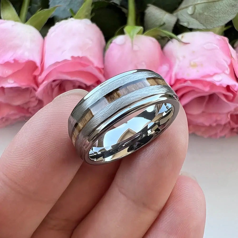Men S Inlay Rings 8mm Tungsten Inlay Ring – Brushed Silver with Zebra Wood Center (Men’s)