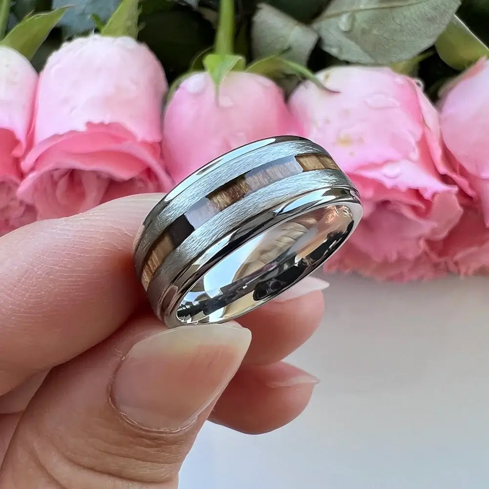 Men S Inlay Rings 8mm Tungsten Inlay Ring – Brushed Silver with Zebra Wood Center (Men’s)