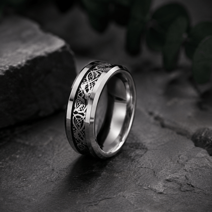 Men's Celtic Dragon Tungsten Ring — 8mm Silver & Black Band
