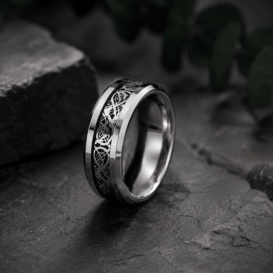 Men's Celtic Dragon Tungsten Ring — 8mm Silver & Black Band