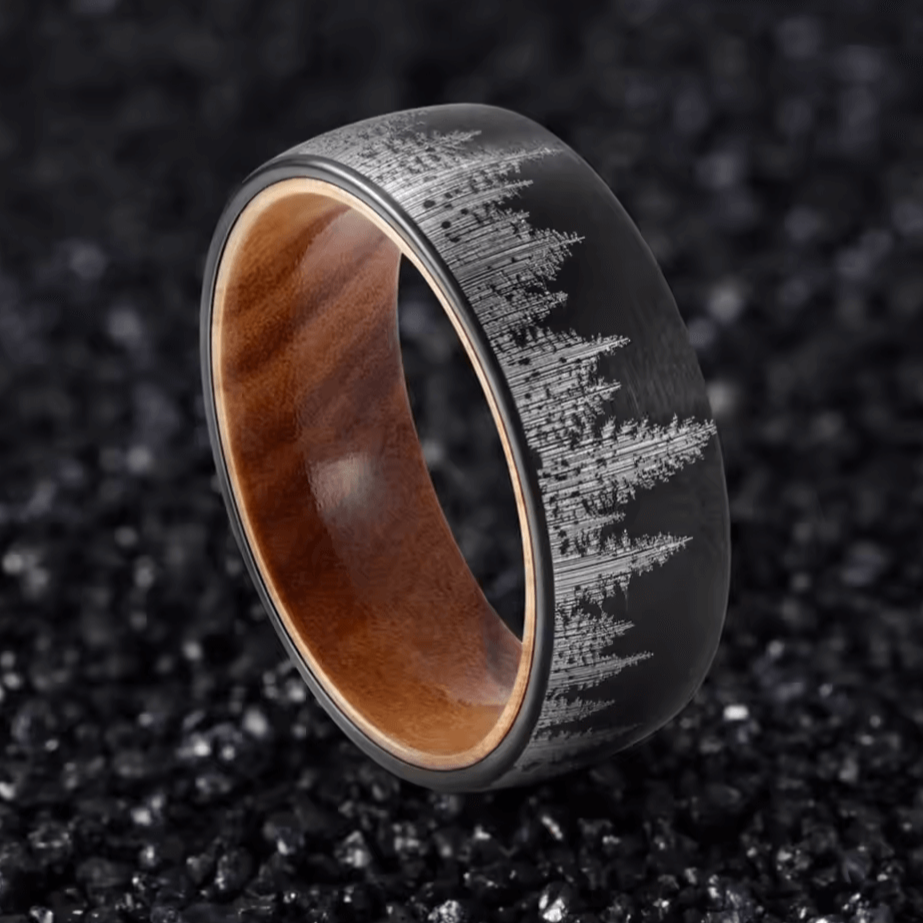 8mm Forest Trees Black Tungsten Olive Wood Unisex Ring - Promise Rings