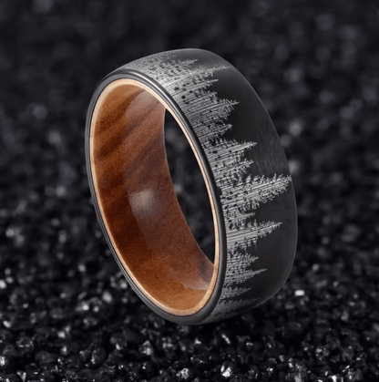 8mm Forest Trees Black Tungsten Olive Wood Unisex Ring - Promise Rings